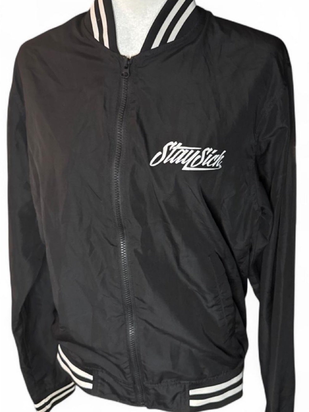 Stay Sick Black Bomber Jacket with Striped Trim